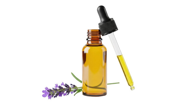 Amber bottle with dropper and lavender isolated PNG on transparent background, aromatherapy essential oil for wellness and relaxation