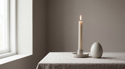 A minimalist scene featuring a lit white candle on a holder next to a smooth white egg on a light-colored tablecloth by a window.