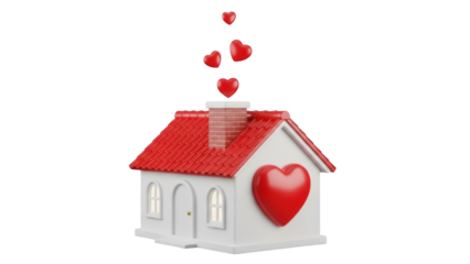Charming house with red roof and hearts isolated PNG, symbol of love and home for Valentine s Day and real estate concepts