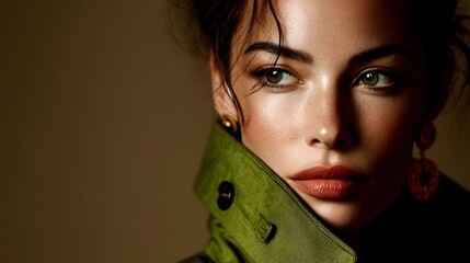 A woman with green hair and green clothing is wearing a green jacket