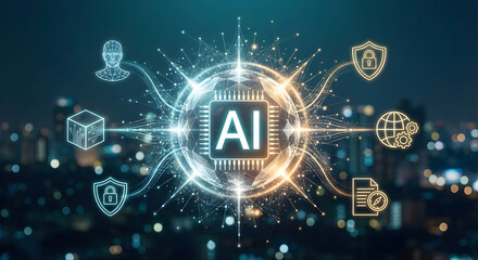 Obraz premium artificial intelligence microchip processor concept with digital neural network city background global data security encryption and machine learning automation for smart technology