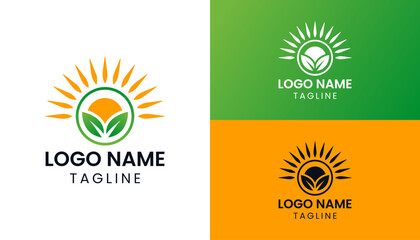 Fototapeta premium Agriculture farmer logo with garden sun and leaf in modern minimalist vector illustration