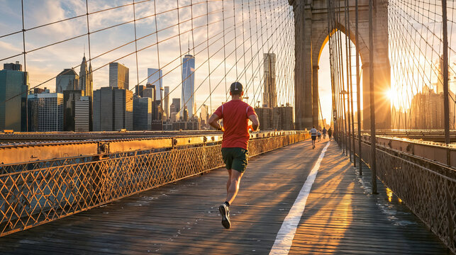 Jogger Running on Brooklyn Bridge at Sunrise