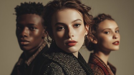 Three women posing for a photo, one of them wearing a black coat