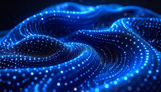 3D abstract blue data terrain texture, glowing particle hills and spirals, futuristic technology background.