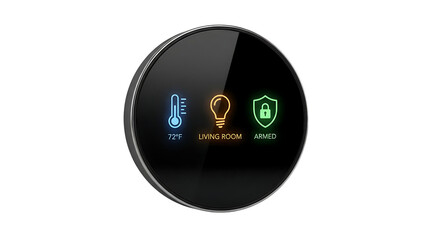 Smart Home Thermostat Digital Control Hub with Touch Interface Displaying Temperature Lighting and Security Icons Isolated on White
