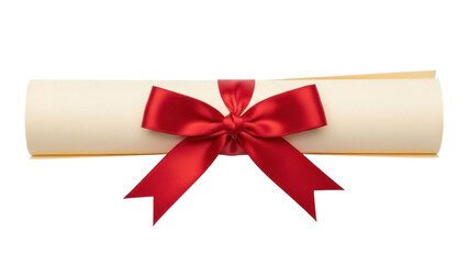 Diploma scroll with red ribbon isolated PNG on transparent background, graduation certificate for academic achievement and formal recognition