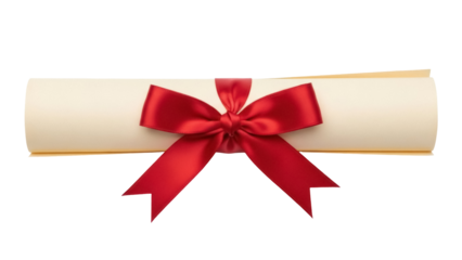 Diploma scroll with red ribbon isolated PNG on transparent background, graduation certificate for academic achievement and formal recognition