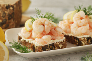 Rejemad sandwiches - traditional sandwiches with shrimps, traditional dish of Denmark	