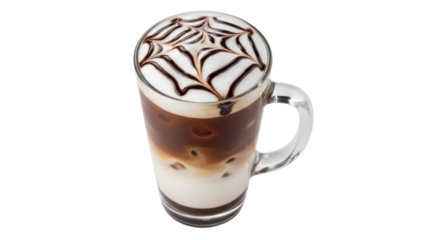 Iced latte macchiato with chocolate drizzle isolated PNG, layered coffee drink on transparent background, refreshing beverage for cafe menu