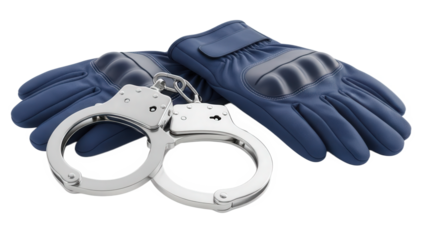 Pair of handcuffs and blue leather gloves on transparent background isolated