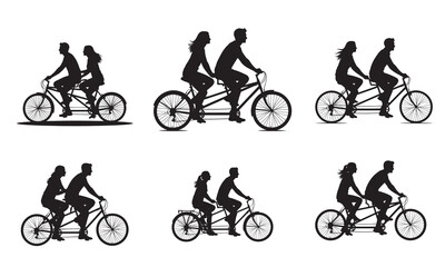 Obraz premium Silhouettes of couples riding tandem bicycles, conveying togetherness, shared journeys, and romantic outdoor activities, perfect for lifestyle.