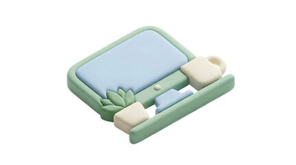 Minimalist 3D Isometric Computer Monitor with Potted Plant and Coffee Mug Workspace Isolated on White Background