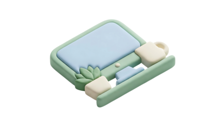 Minimalist 3D Isometric Computer Monitor with Potted Plant and Coffee Mug Workspace Isolated on White Background