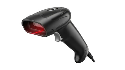 Black barcode scanner with red laser on transparent background isolated on transparent background