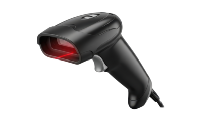 Black barcode scanner with red laser on transparent background isolated on transparent background