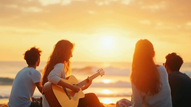 Beach Sunset Serenade: A group of friends gather on a serene beach, captivated by the mesmerizing sunset and harmonious music. The warm glow of the sun casts a golden hue over the scene.