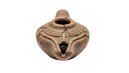 Ancient clay oil lamp with intricate designs isolated on transparent background