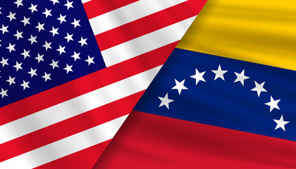 Fototapeta premium USA and Venezuela flags side by side in a waving fabric texture. Concept of international relations, diplomacy, trade, and political conflict between the United States and Venezuela.