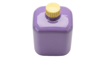 Lilac square bottle with yellow cap isolated PNG, container for liquid soap or lotion on transparent background, personal care product