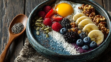 A bowl of fruit and nuts with a spoon next to it