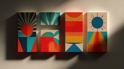 Geometric abstract art with sun motif in vibrant colors for wall decor