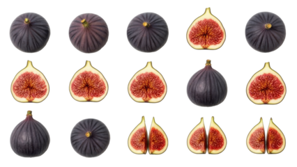 Fresh figs cut open showing red interior on transparent background isolated