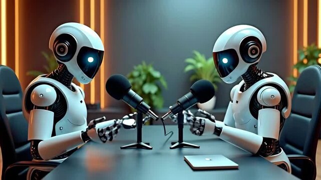 Robotics podcast interview with two artificial intelligence, modern technology and futuristic communication footage