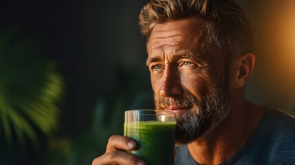 A man is drinking a green smoothie
