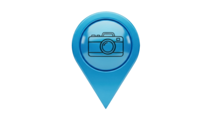 Blue map pointer with camera icon isolated PNG, location pin for photography spots and travel destinations on transparent background