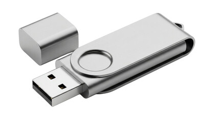 Silver usb flash drive with retractable cap isolated on transparent background