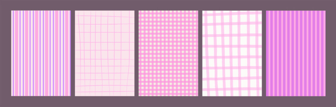 Retro whimsical backgrounds set with hand-drawn stripes, checks and gingham. Cute pastel textures for coquette stationery, scrapbooking, textile, fabric, packaging, wrapping. Flat vector illustration.