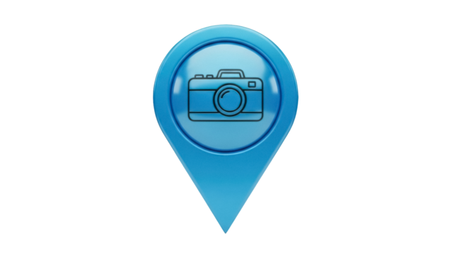 Blue map pointer with camera icon isolated PNG, location pin for photography spots and travel destinations on transparent background - Powered by Adobe