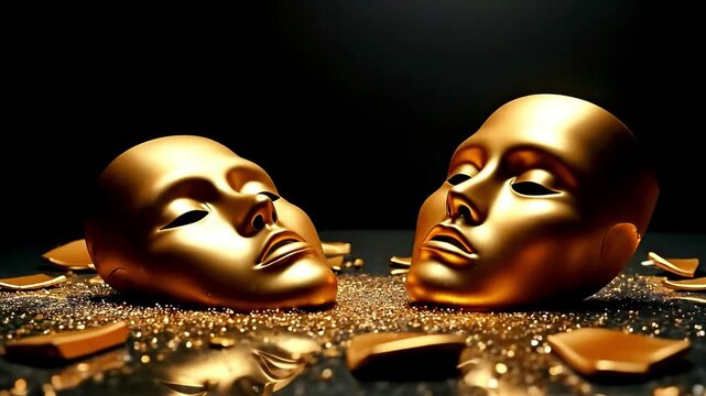 Two golden masks on a shimmering surface with gold fragments and glitter, representing duality or a broken identity in an artistic video.
