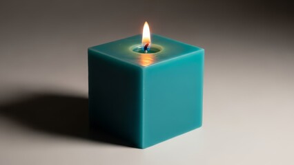Teal cube candle with a lit flame casting a shadow on a gradient background