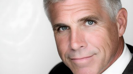 A man with a beard and gray hair is smiling and wearing a suit