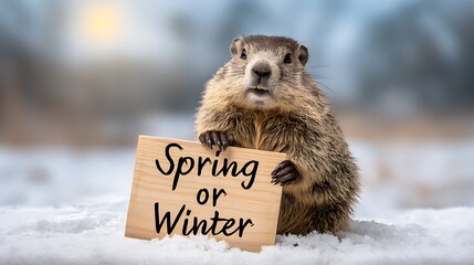 Cute groundhog holding wooden sign Spring or Winter, Groundhog Day. Seasonal weather contrast, sun and snow background.