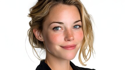 A woman with blonde hair and blue eyes is smiling for the camera