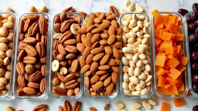 Healthy snack preparation as nuts and dried fruits are placed into individual containers, perfect for meal prep footage