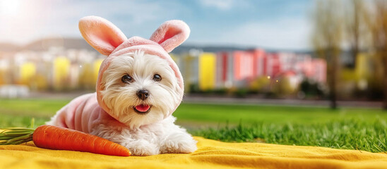 Shih Tzu dog in bunny costume with carrot outdoors in spring park