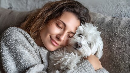 A woman is hugging a white dog