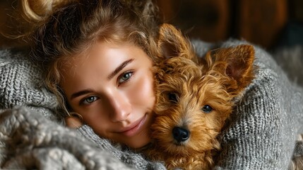 A woman is laying down with a small brown dog