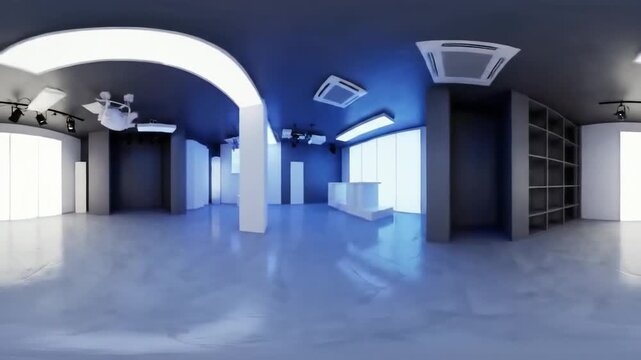 360 degree panorama of a modern showroom with sleek design and lighting.