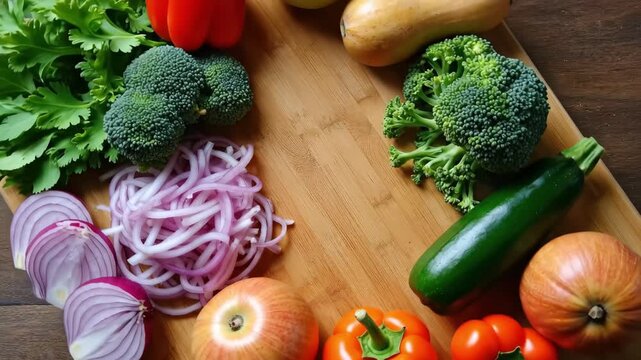 Fresh produce including broccoli, onions, peppers, and squash arranged on a wooden board, healthy food preparation footage