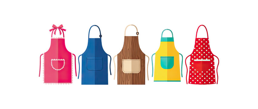 Colorful aprons hanging in a row, representing kitchen wear and cooking attire