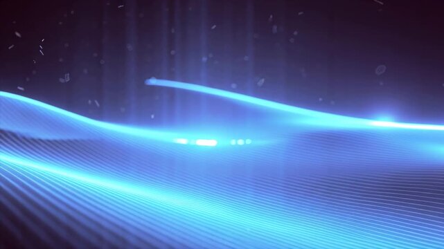 Cinematic 4K abstract video, immersive 3D tunnel made glowing blue glass neon gradient stripes, dynamic laser beams flowing along stripes, reflective glass surfaces shimmer, forward tunnel, ambient
