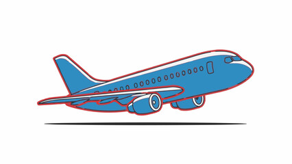A blue airplane with red outlines is depicted in mid-flight, its shadow beneath it