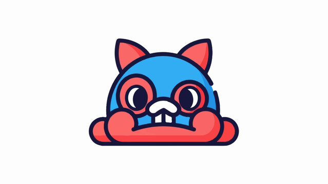 A blue and red cartoon creature with large dark eyes and buck teeth peeks over a white surface