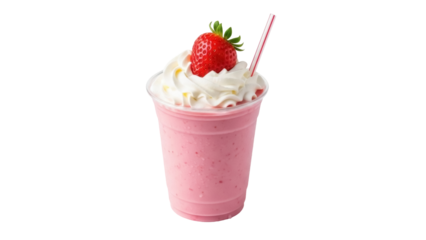 Strawberry milkshake with whipped cream and straw isolated PNG, refreshing summer drink on transparent background for dessert menus