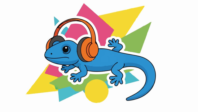 A blue cartoon gecko wearing orange headphones is depicted against a backdrop of colorful abstract shapes